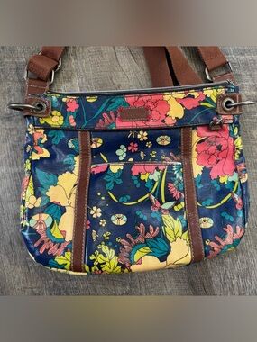 Sakroots Navy Floral Canvas Shoulder Bag with Brown Trim